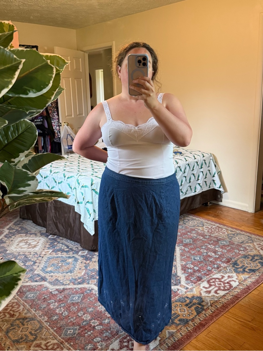 Route 66 floral embroidered denim midi/maxi skirt